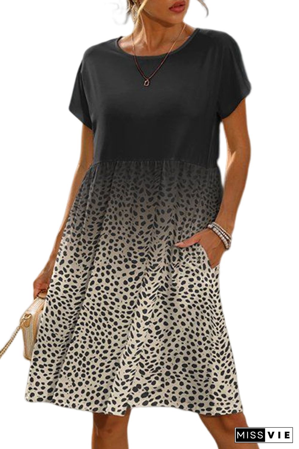 Leopard Dotted Contrast Casual Pocket T Shirt Dress