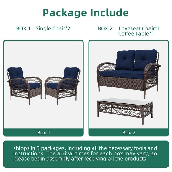 UPHA 4Piece Brown Wicker Patio Conversation Deep Seating Set with Coffee Table and Cushions