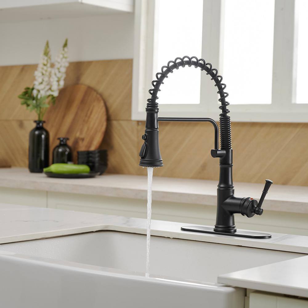 BWE Single-Handle Pull-Down Sprayer 3 Spray High Arc Kitchen Faucet With Deck Plate in Matte Black A-94559-B