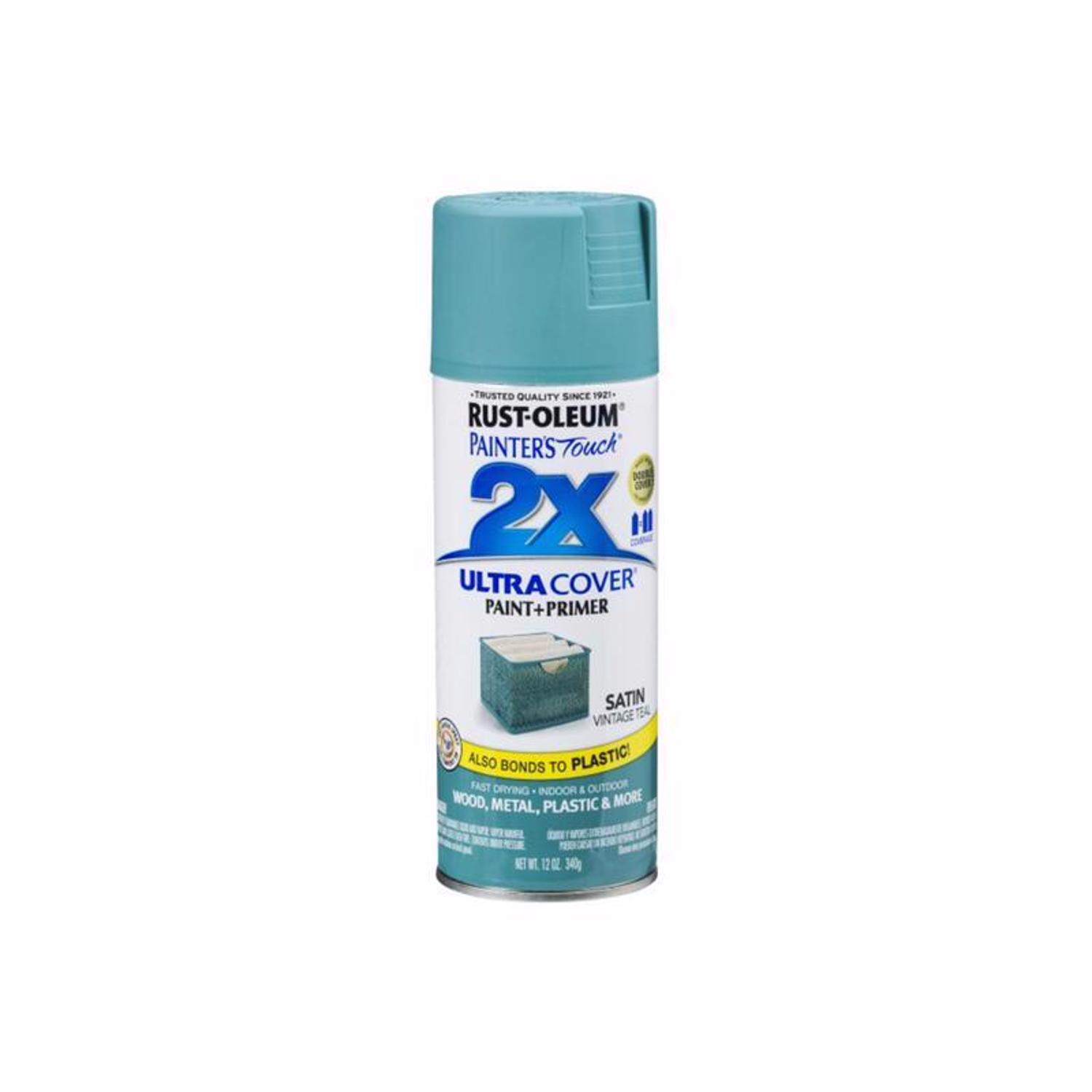 Rust-Oleum Painter\u0027s Touch 2X Ultra Cover Satin Vintage Teal Paint+Primer Spray Paint 12 oz