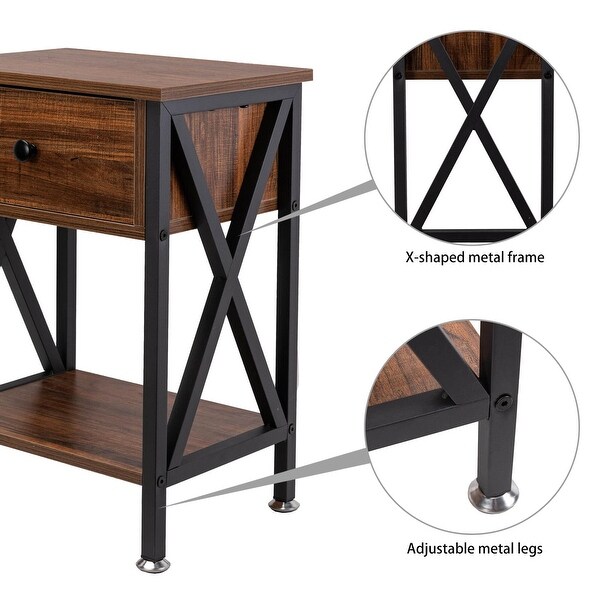 Nightstand with Drawer and Open Storage Shelves with X Shape Frame， Bedside End Table for edroom， Living Room， Hallway