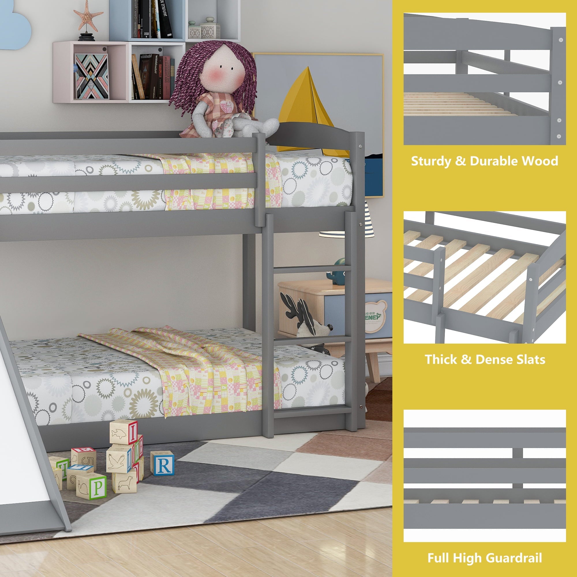 Floor Bunk Bed with Convertible Slide and Ladder, SESSLIFE Wood Bunk Beds with Guardrail for Boys Girls Toddlers, Gray Twin Over Twin Bunk Bed, Kids Floor Bunk Bed for Home Children’s Room, TE838