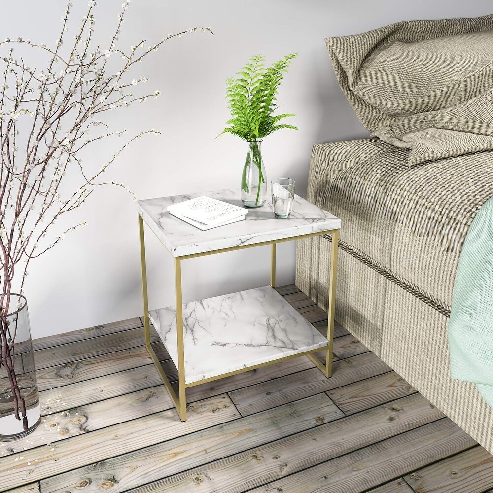 Roomfitters 2 Tier White Faux Marble Print End Table for Living Room