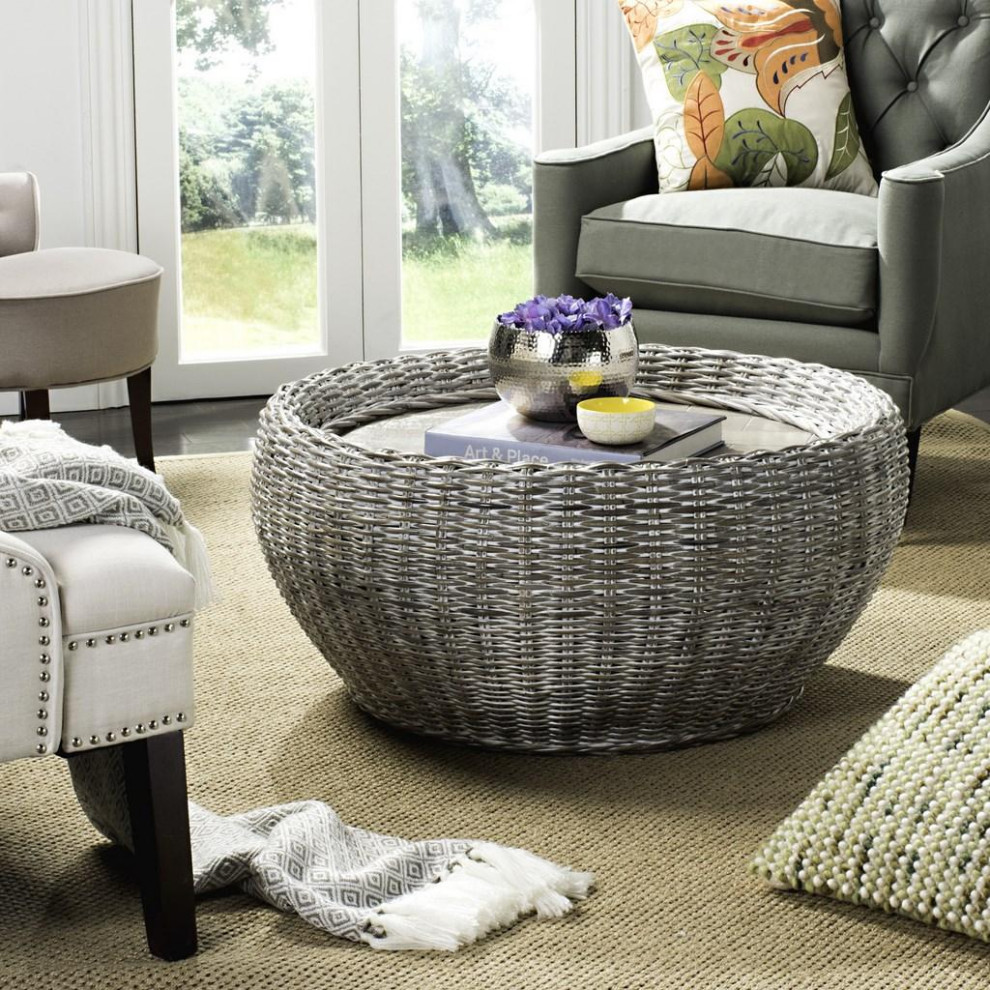 Grace Wood Top Coffee Table Whitewash   Tropical   Coffee Tables   by Peachtree Fine Furniture  Houzz