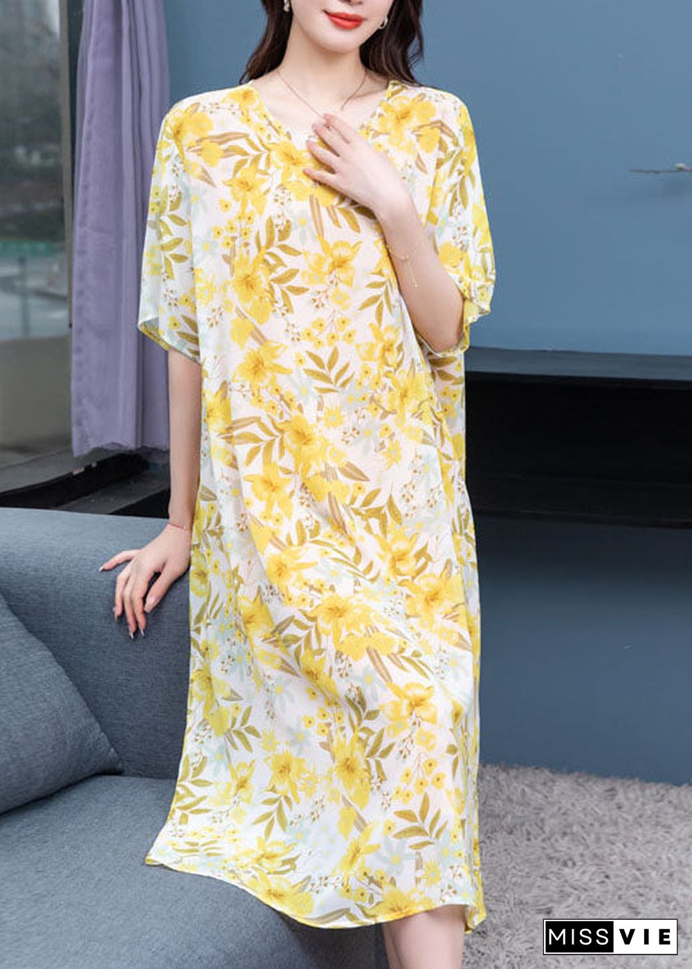 French Yellow O Neck Print Patchwork Chiffon Mid Dresses Summer