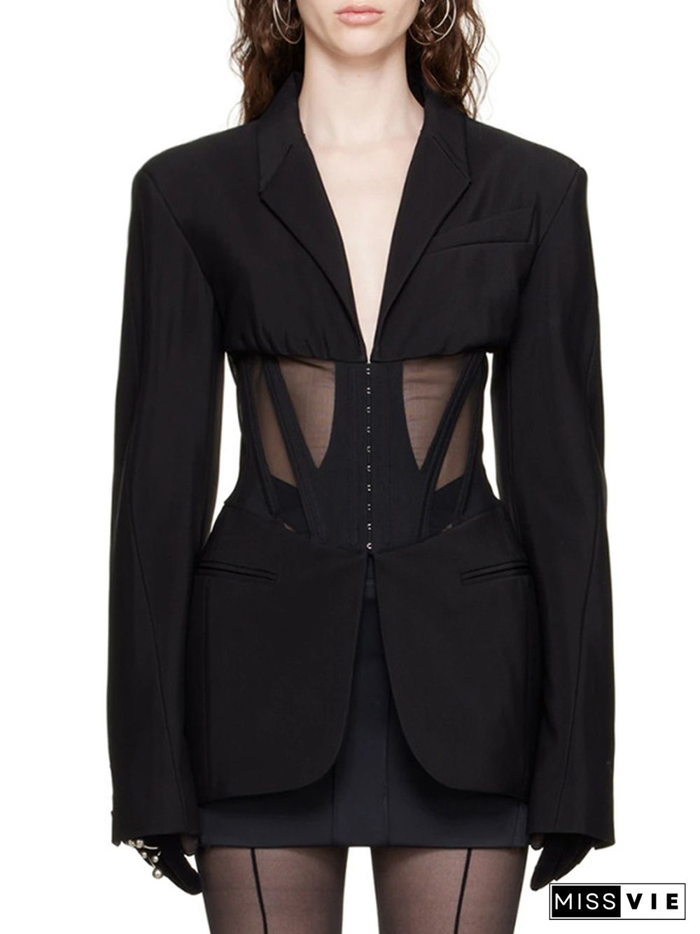 Long Sleeves Buckle Gauze See-Through Solid Color Split-Joint Notched Collar Blazer