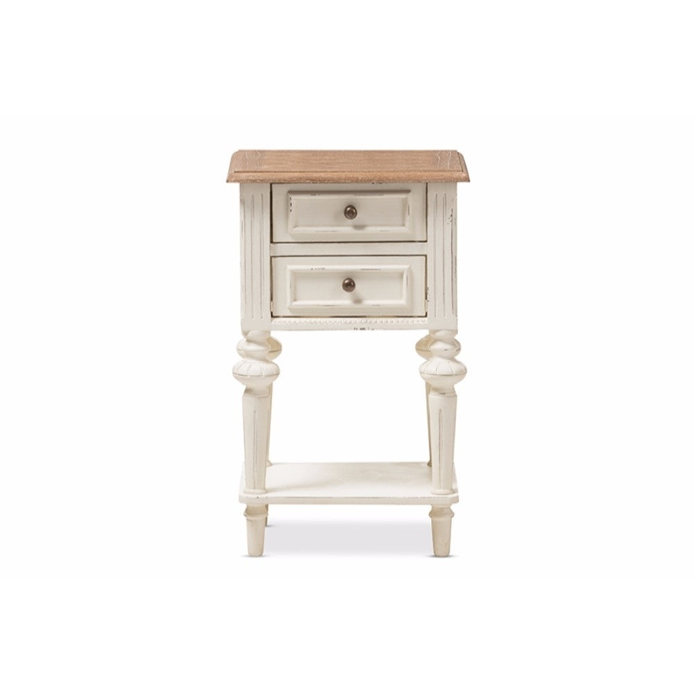 Baxton Studio Marquetterie French Provincial Weathered Oak and Distressed White Wash 2 Drawer Nightstand with Shelf