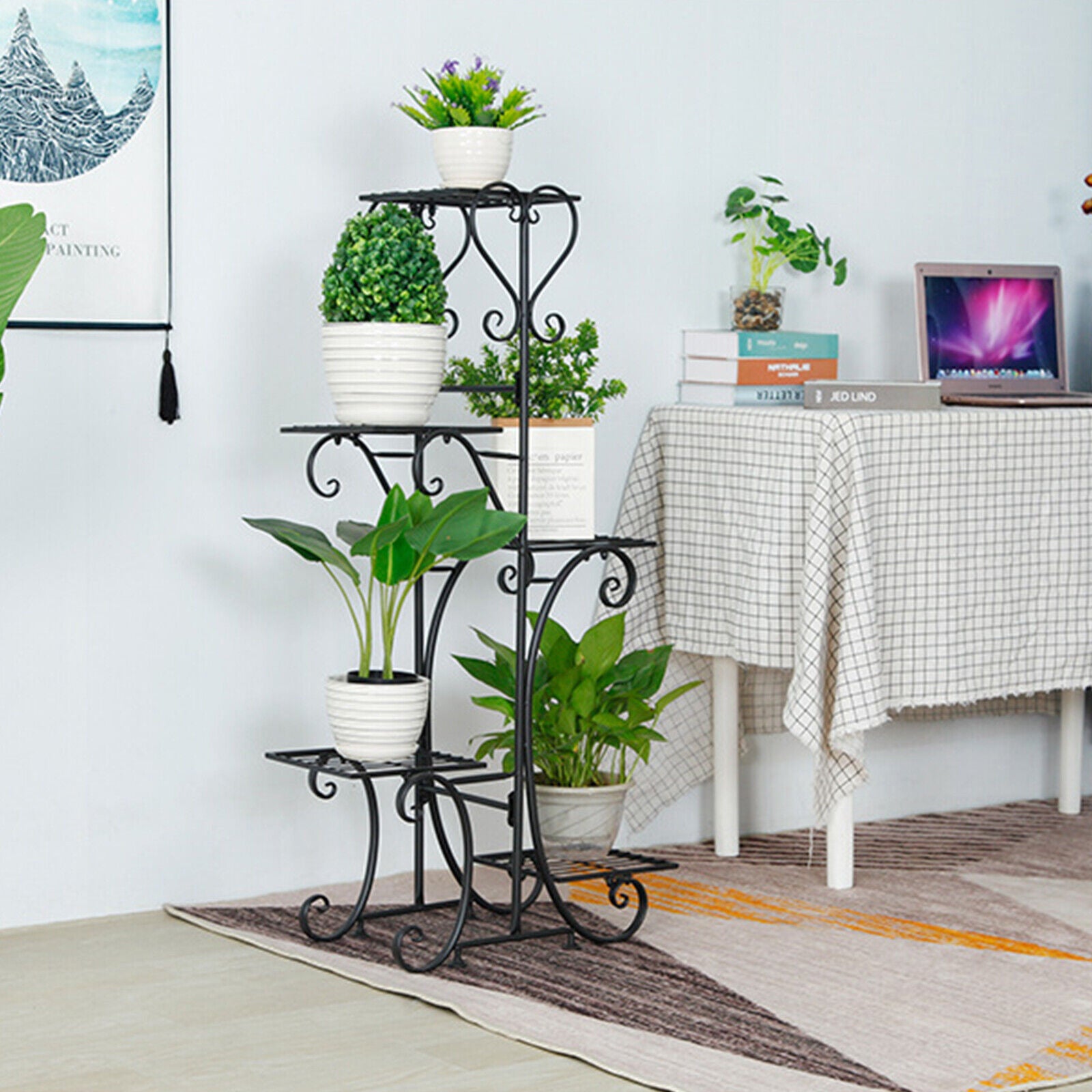 Metal Plant Stand, 5-Tier Indoor/Outdoor Flower Pot Rack for Balcony Garden Tree Shape Black