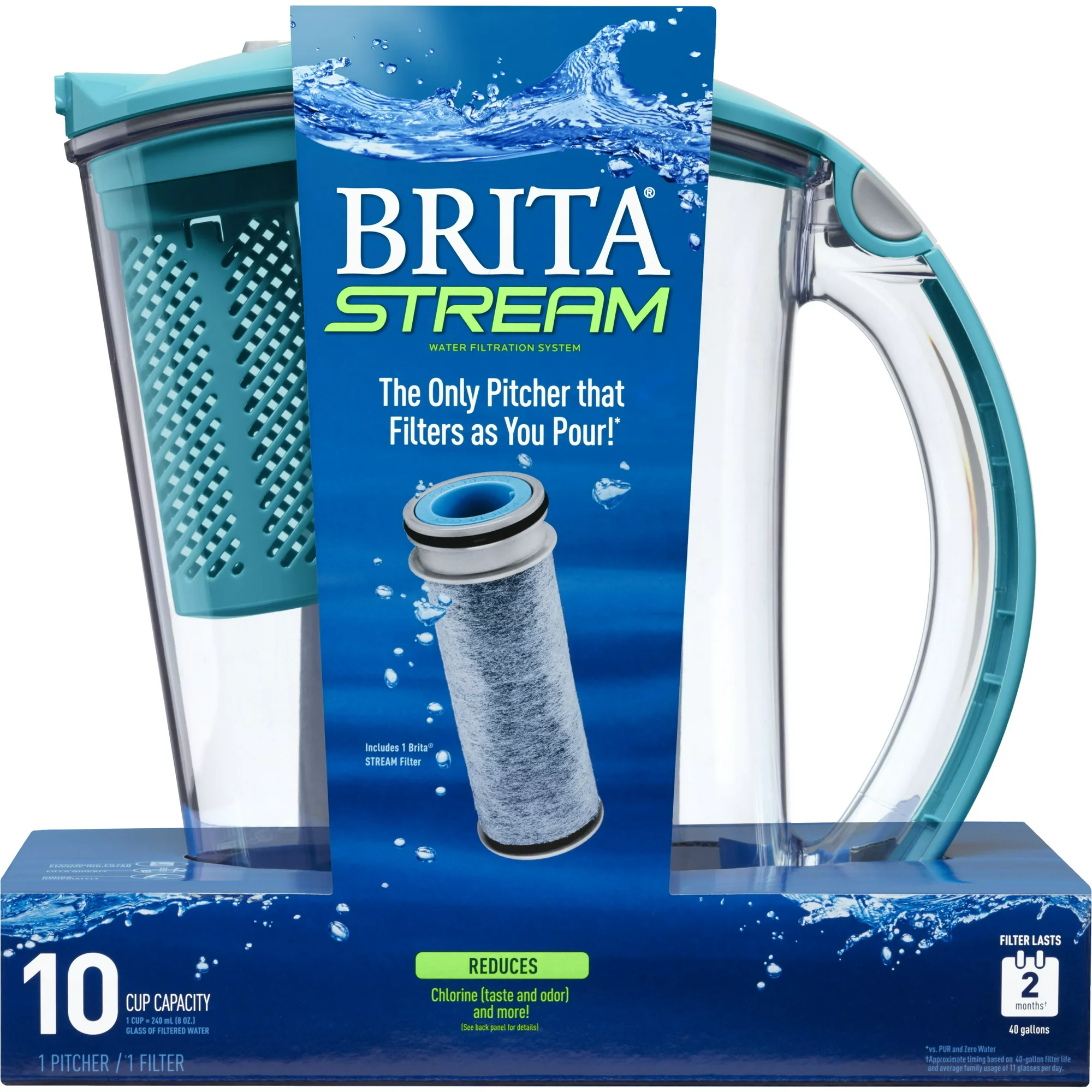 Brita Stream Filter as You Pour Water Pitcher， 10 Cup - Lake Blue