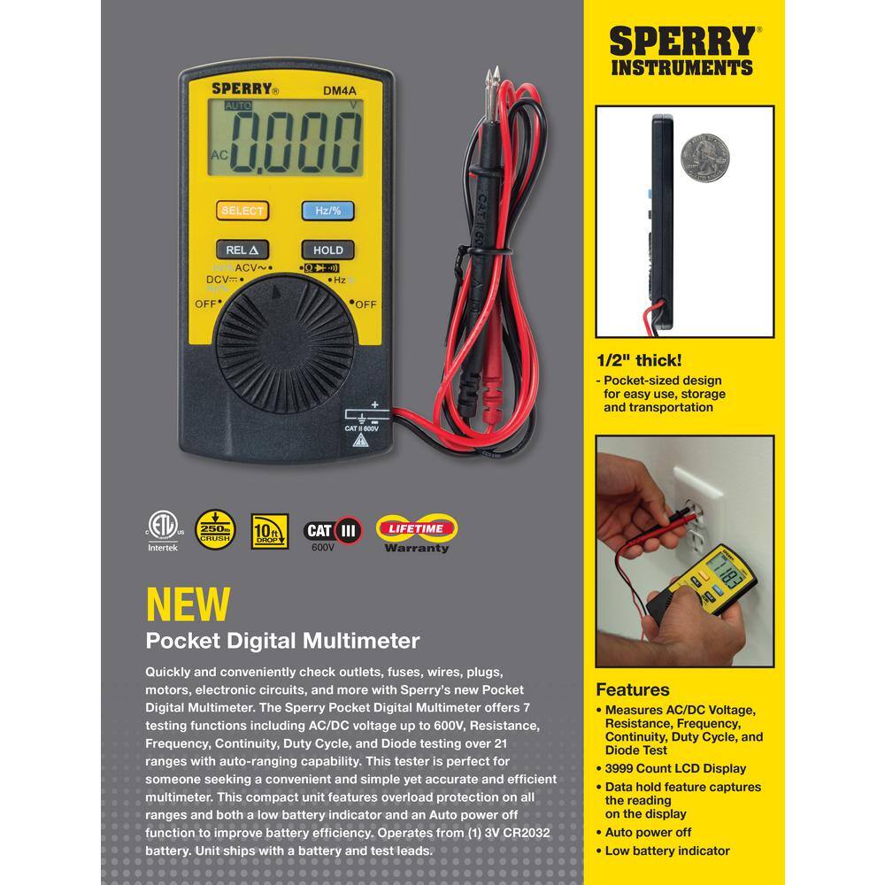 Sperry 7 Function 21 Range Pocket Digital Multimeter DM4A