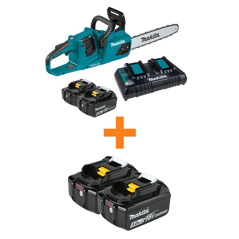 Makita LXT 14 in. 18V X2 (36V) Brushless Electric Battery Chainsaw Kit (5.0Ah) with bonus 18V LXT 5.0 Ah (2-Pack) XCU07PT-BL18502