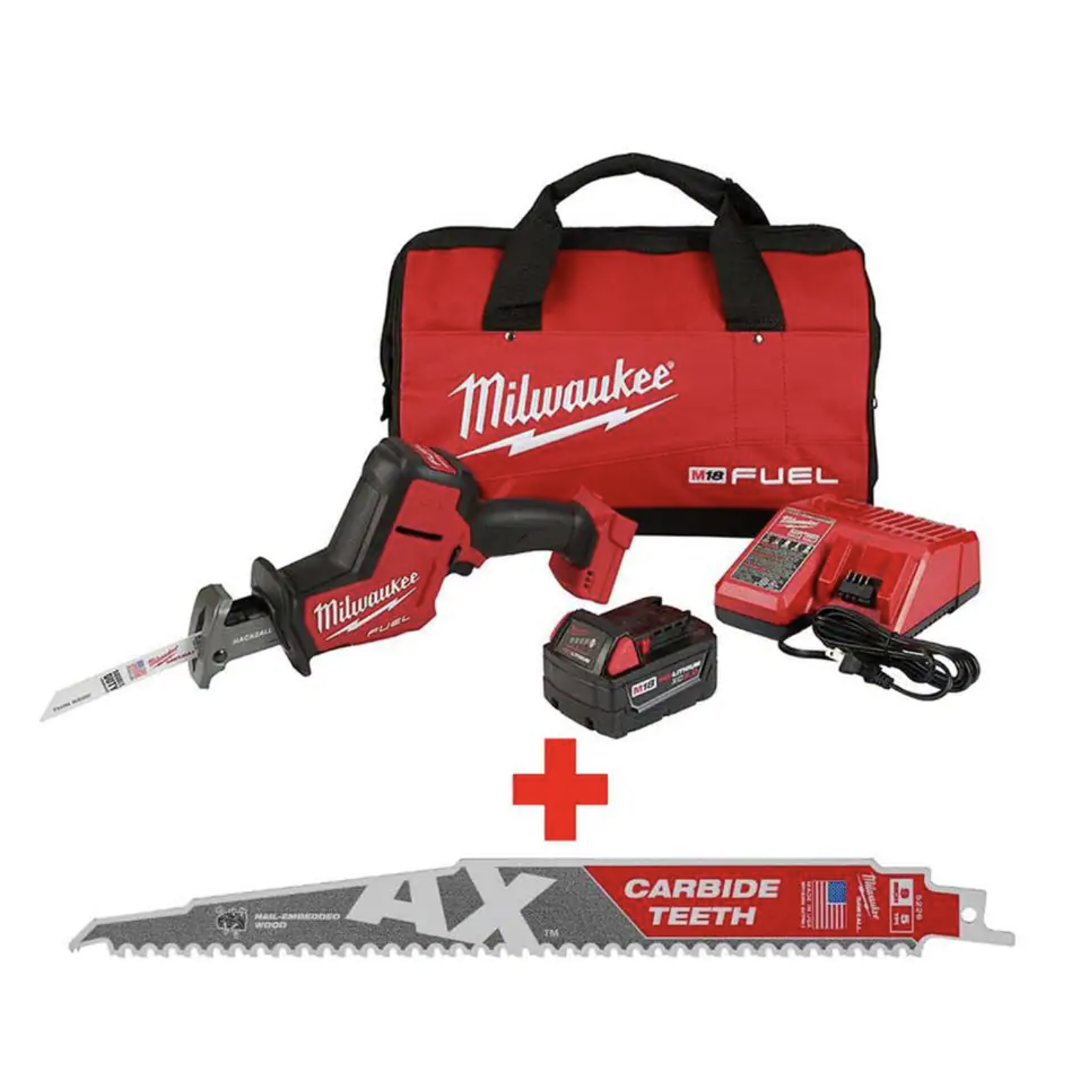 Milwaukee M18 FUEL 18V Lithium-Ion Brushless Cordless HACKZALL Reciprocating Saw Kit w/ Carbide Teeth AX SAWZALL Blade (2719-21-48-00-5226)