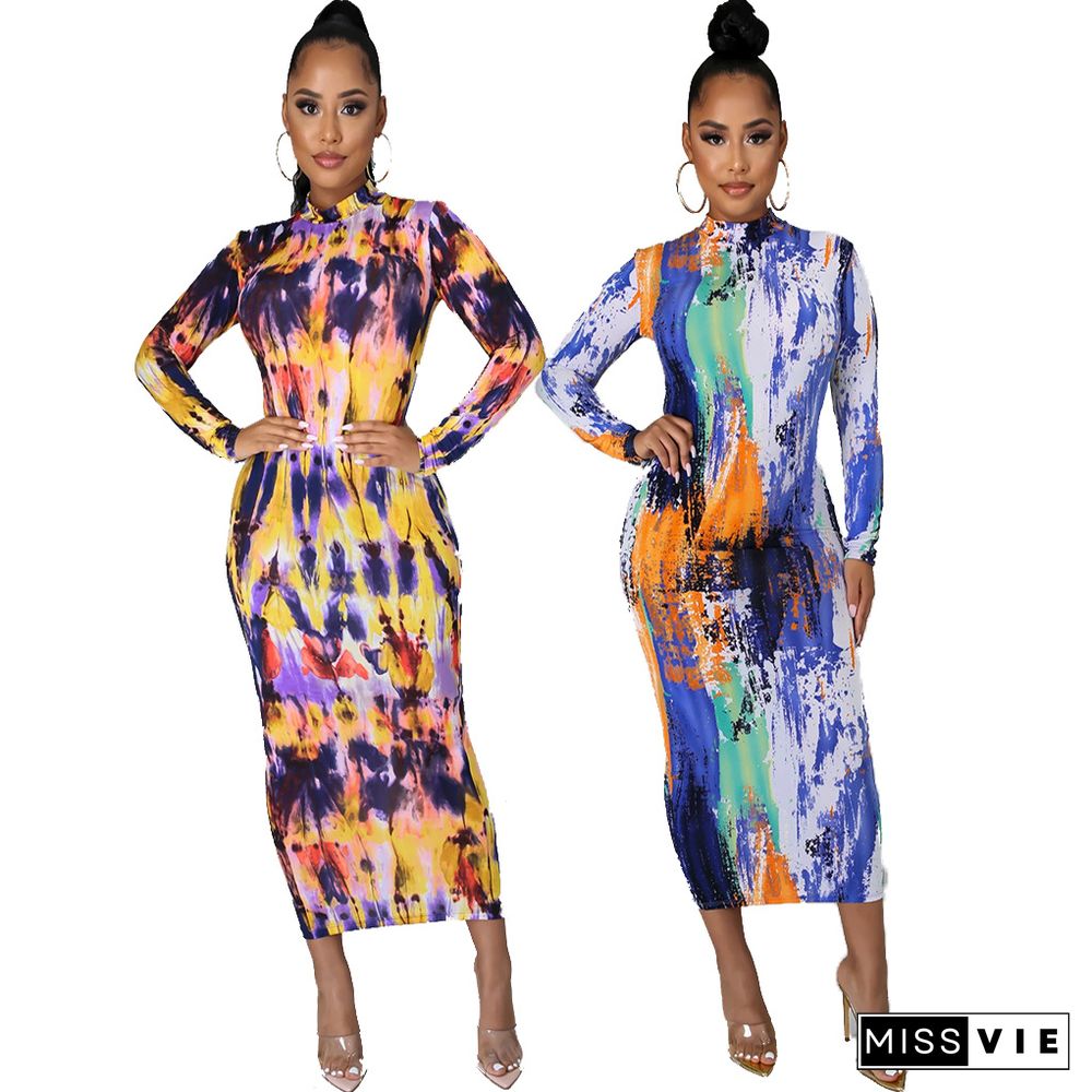 Tie Dye Printing Fashion Long Sleeve Round Neck Back Zipper Partywear Summer Bodycon Maxi Long Dress