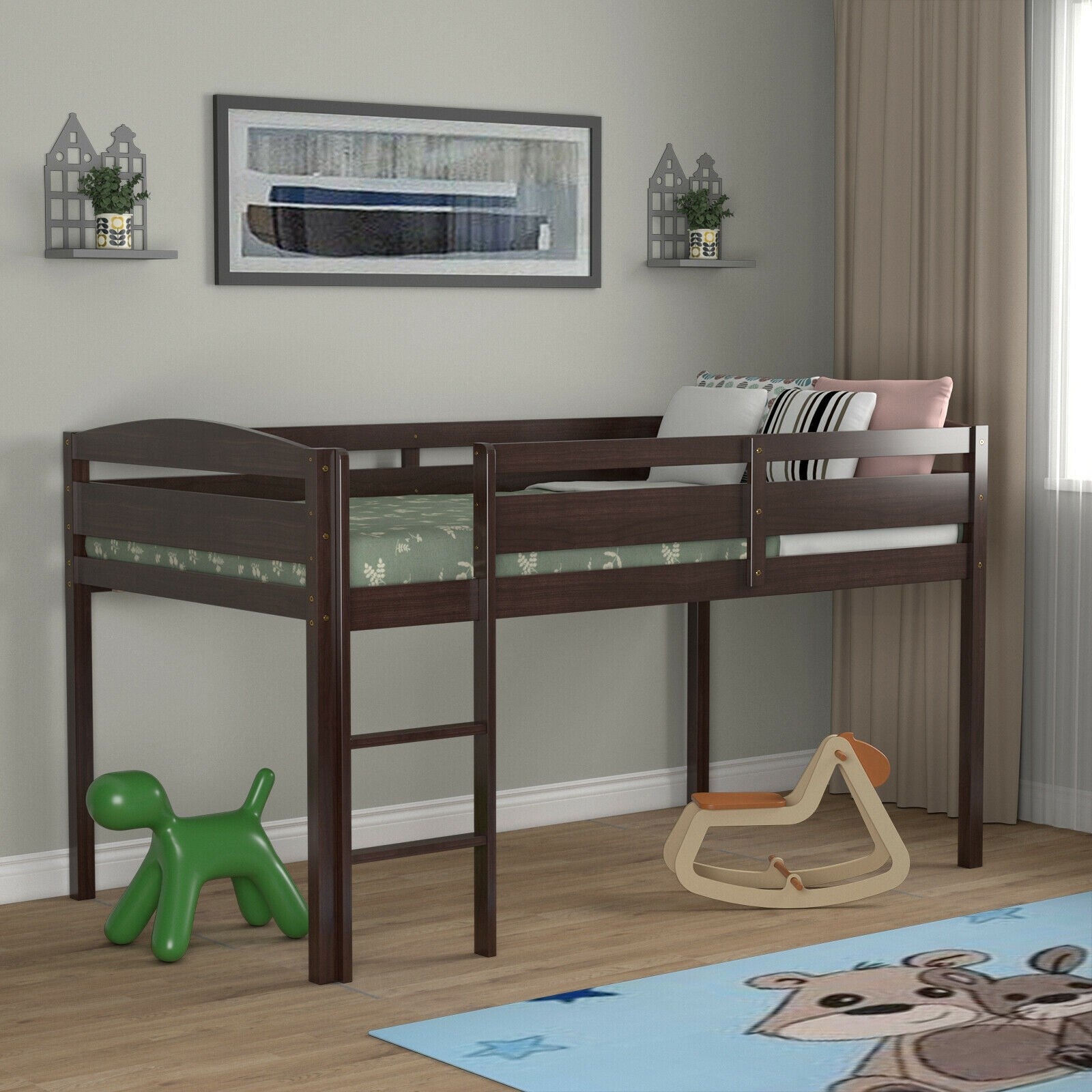 Costzon Loft Bed Twin, Classic Wood Low Loft Bed w/Guard Rail & Ladder, Kids Loft Bed for Boys