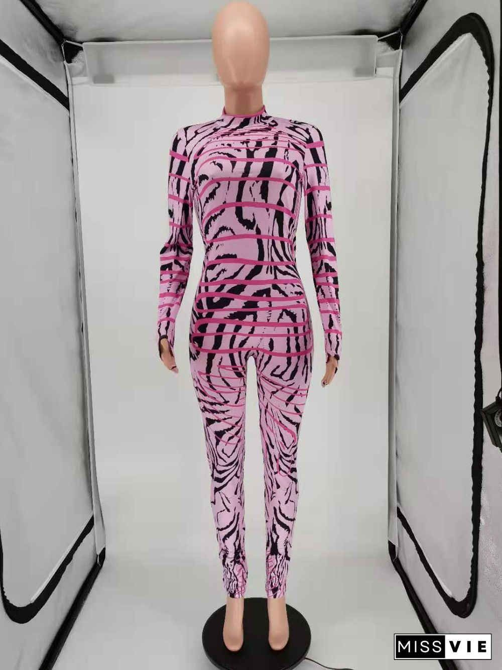 Autumn Fashion Print Long Sleeve Mid-waist Bodycon Jumpsuit