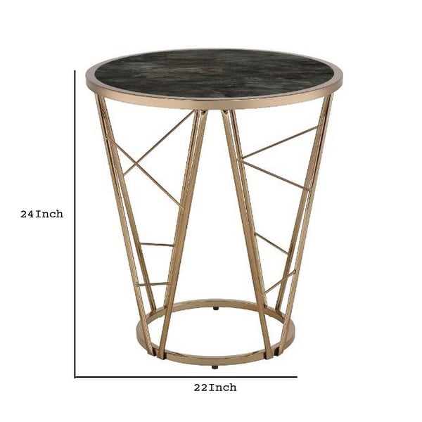 End Table with Glass Top and Geometric Frame， Black and Gold