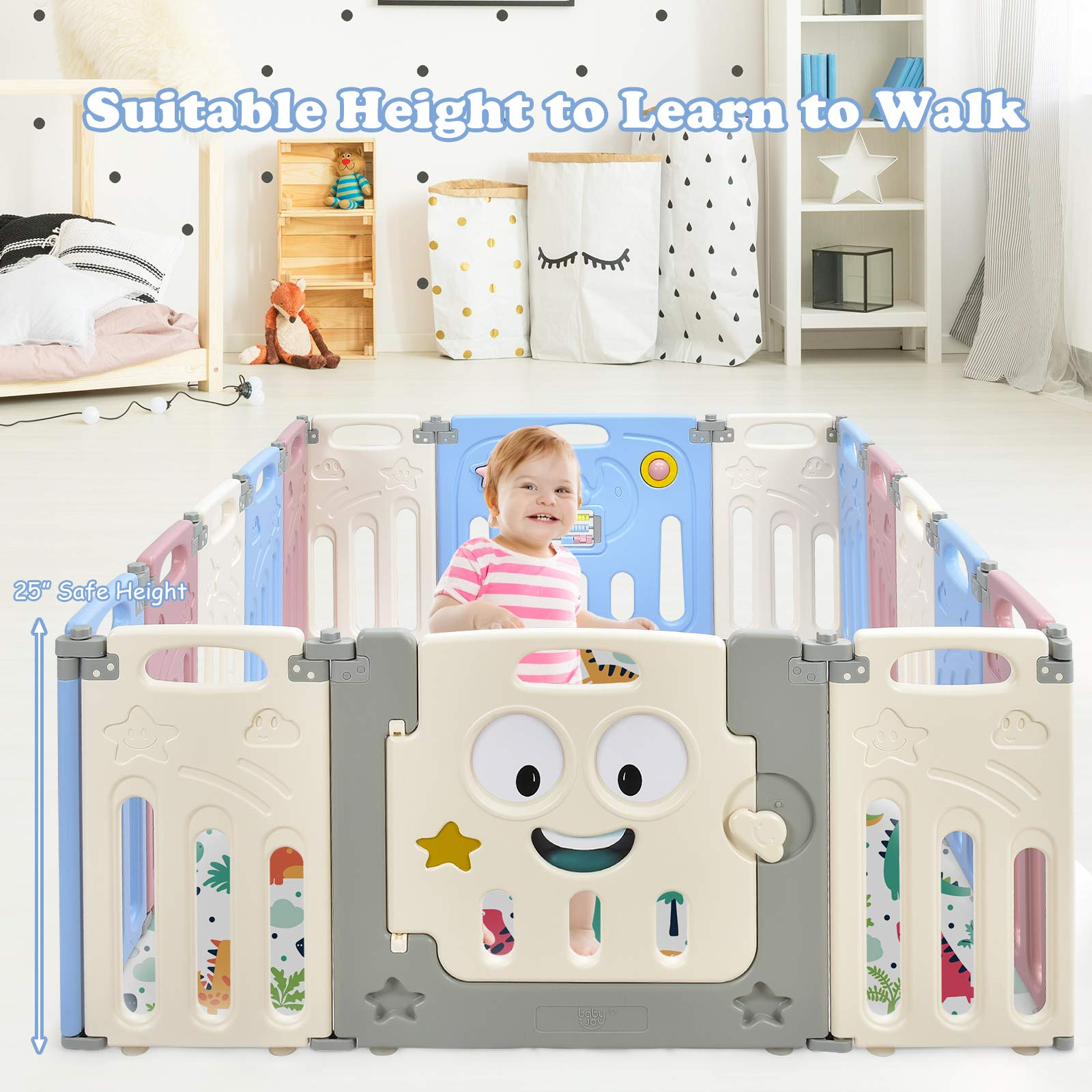 Costzon Foldable Baby Playpen, 14/16-Panel Baby Play Yards with Lock Door & Anti-Slip Rubber Bases