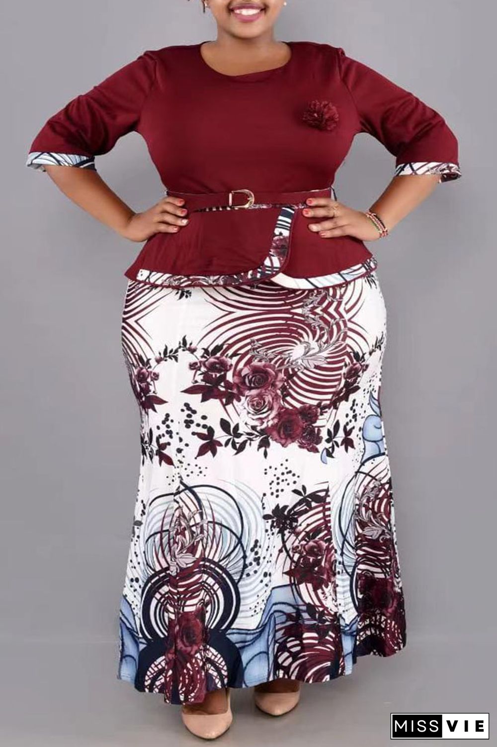 Black Casual Work Elegant Floral Patchwork Slit Contrast O Neck Wrapped Skirt Plus Size Two Pieces(With Belt)