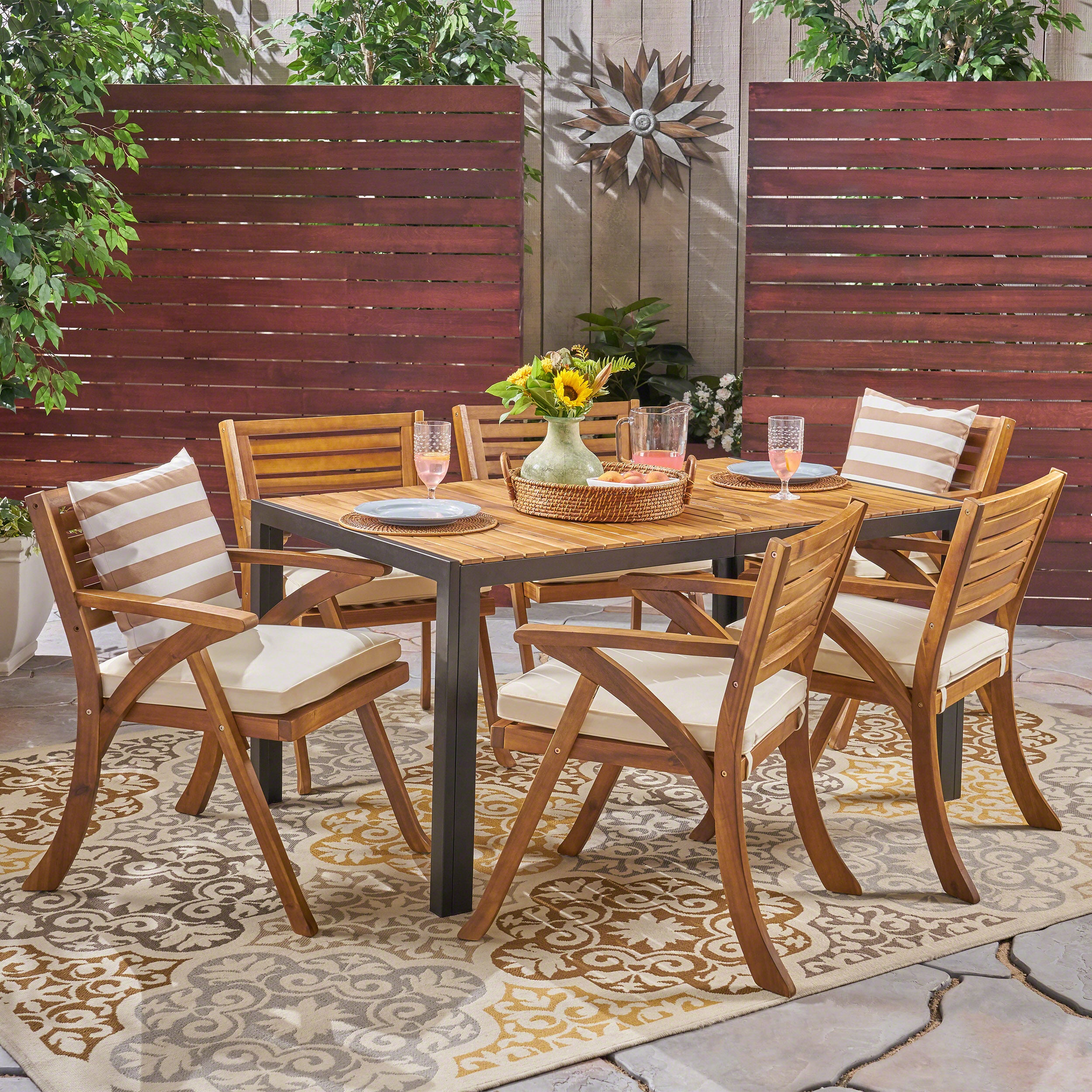 Melissa Outdoor 6-Seater Rectangular Acacia Wood and Iron Dining Set, Teak with Black and Cream