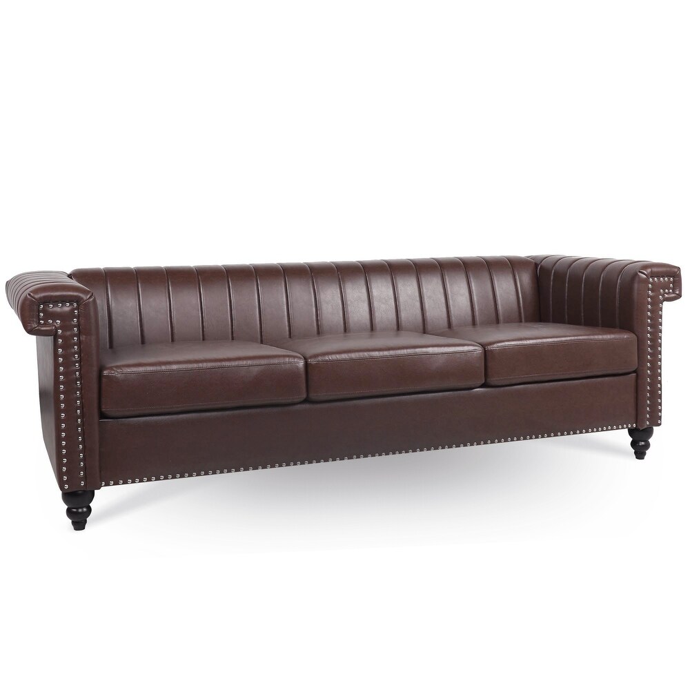 Removable Cushion Couch PU 3 Seater Sofa w/ Nailheads Square Arm  Brown