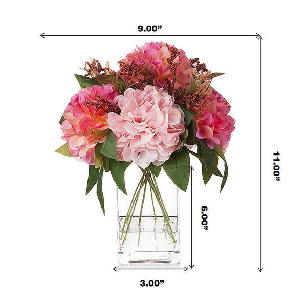 Enova Home Artificial Silk Dahlia Fake Flowers Arrangement in Clear Rectangular Glass Vase with Faux Water for Home Decór