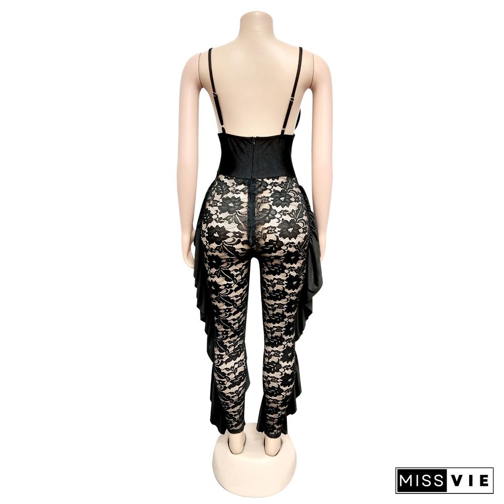 Sexy Low-cut Lace Patchwork Straps Tight Jumpsuit