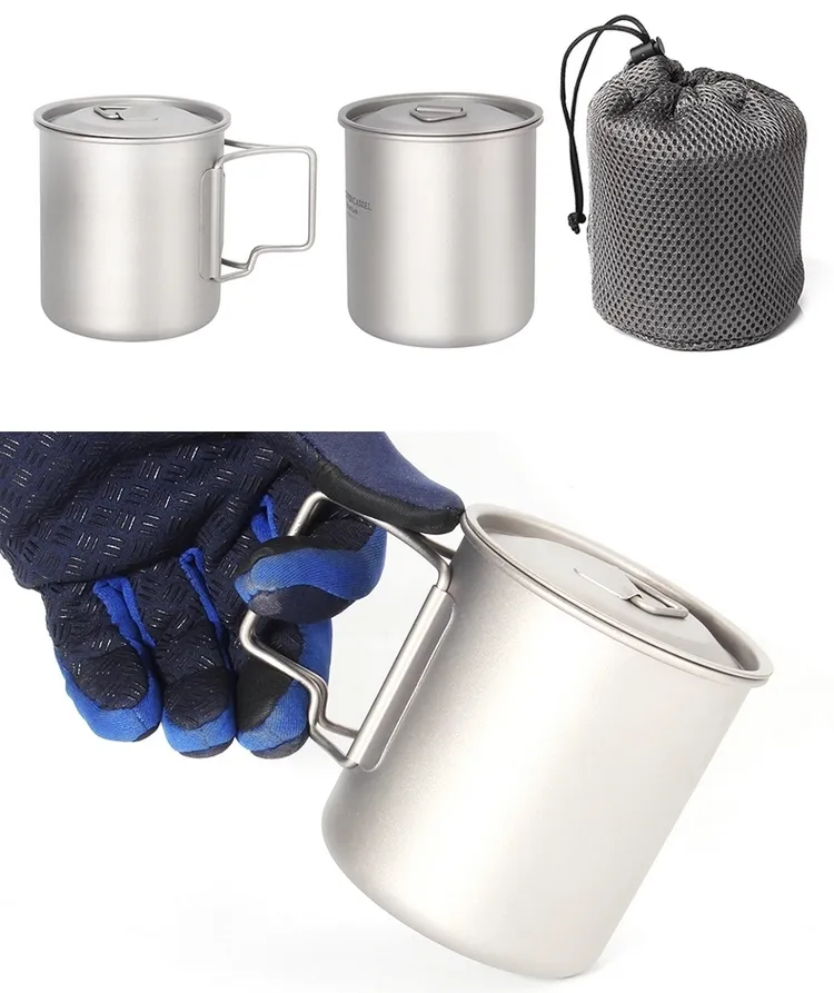 Titanium Cups Folding Handle Titanium Mug 420ml Camping Hiking Titanium pots