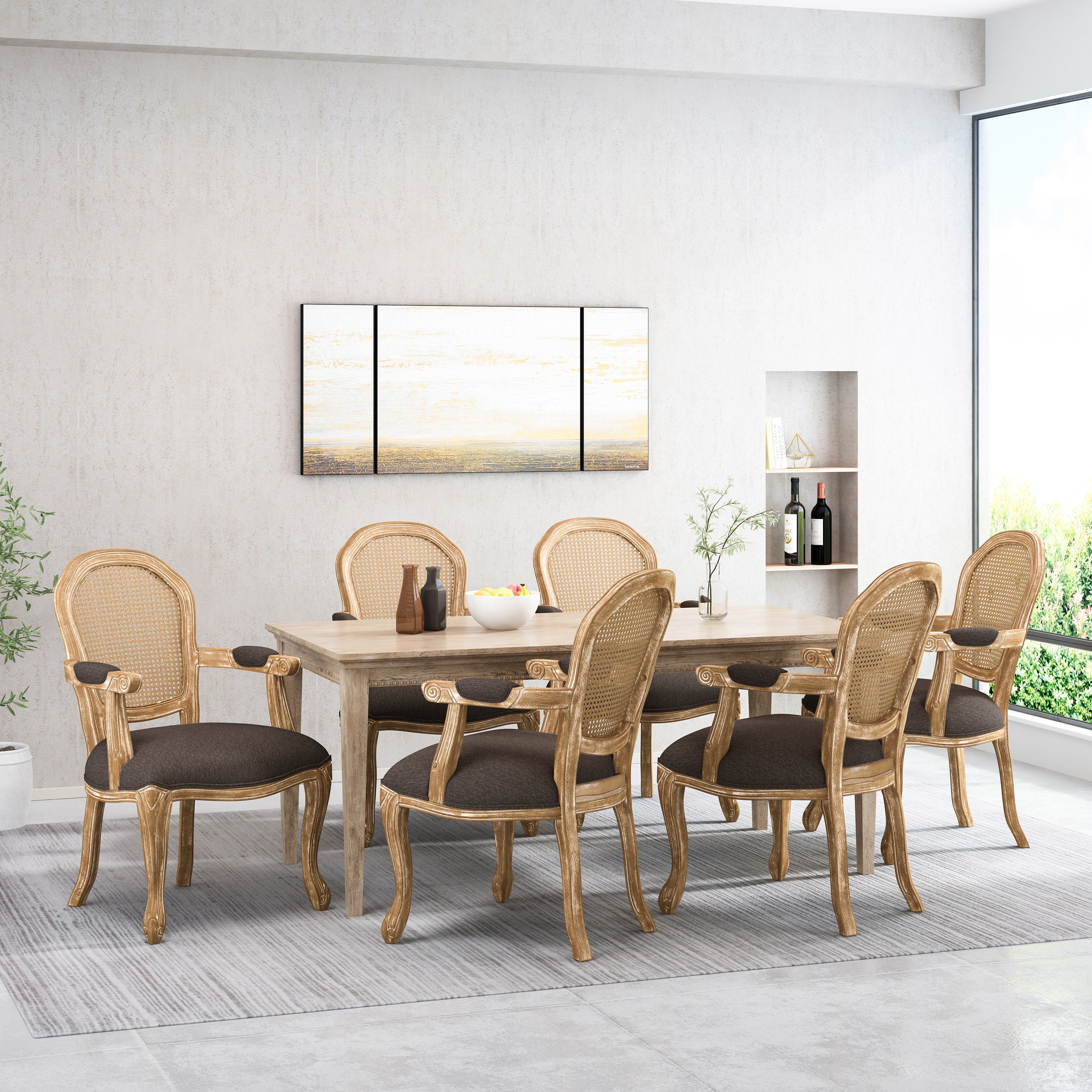 Mariette French Country Wood and Cane Upholstered Dining Chair, Set of 6