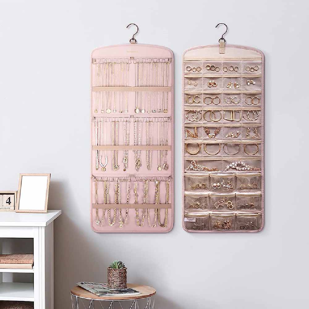 Jewelry Organizer, Hanging Double Sided Jewelry Storage Bag for Necklace Earrings Ring, Pink