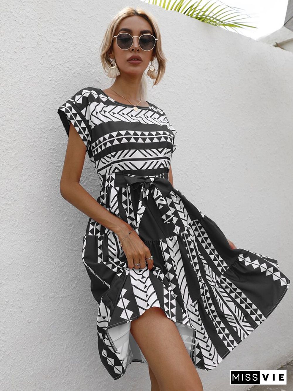 Dresses For Women Summer Printed Dress Waist Round Neck Short Sleeve Mid-length Skirt Fashion Street Women's Dress Robe