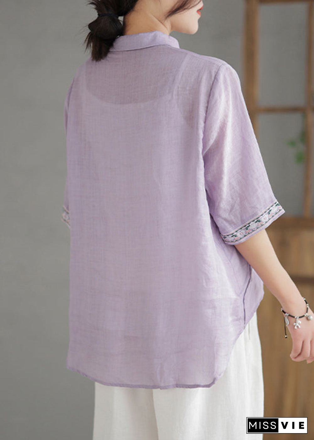 Vintage Purple Embroideried Linen Shirt Half Sleeve