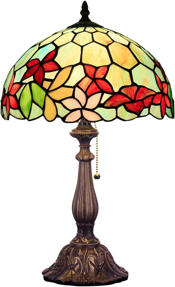 SHADY Tiffany Style Table Lamp W12H19 Inch Stained Glass Flower Antique Bedside Nightstand Desk Reading Lamp Work Study Desktop Light Decor Home Kids Bedroom Living Room Office Pull Chain