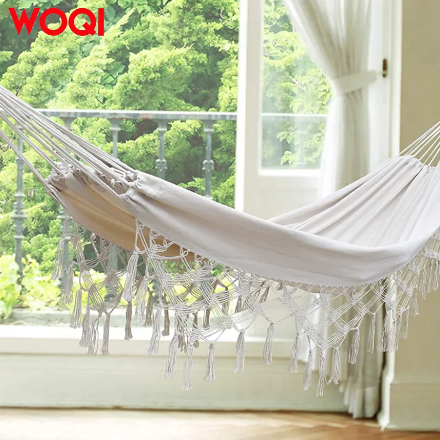 WOQI Outdoor White Camping Hammock Large Fringed Macrame Double Hammock Swing Bed with Carry Bag