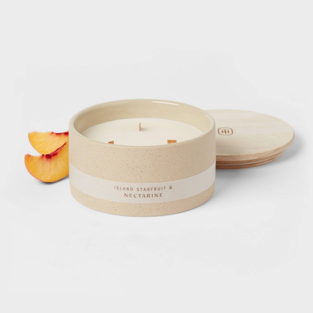 3 wick 14oz Matte Textured Ceramic Wooden Wick Candle Ivory island Starfruit And Nectarine