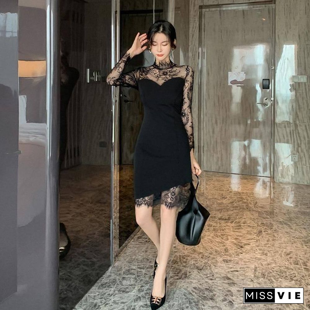 New Spring Autumn Woman Clothes Translucent Sexy Party Dress Lace stitching Long Sleeve Dresses Fashion Fall Women Clothing