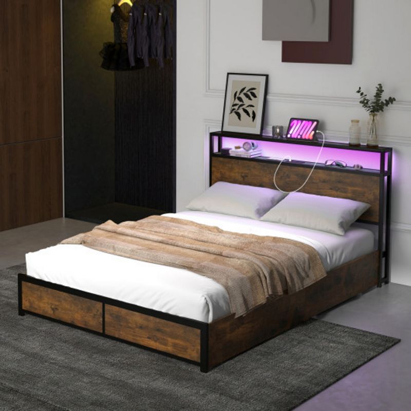 Full Size Bed Frame with Smart LED Lights and Storage Drawers