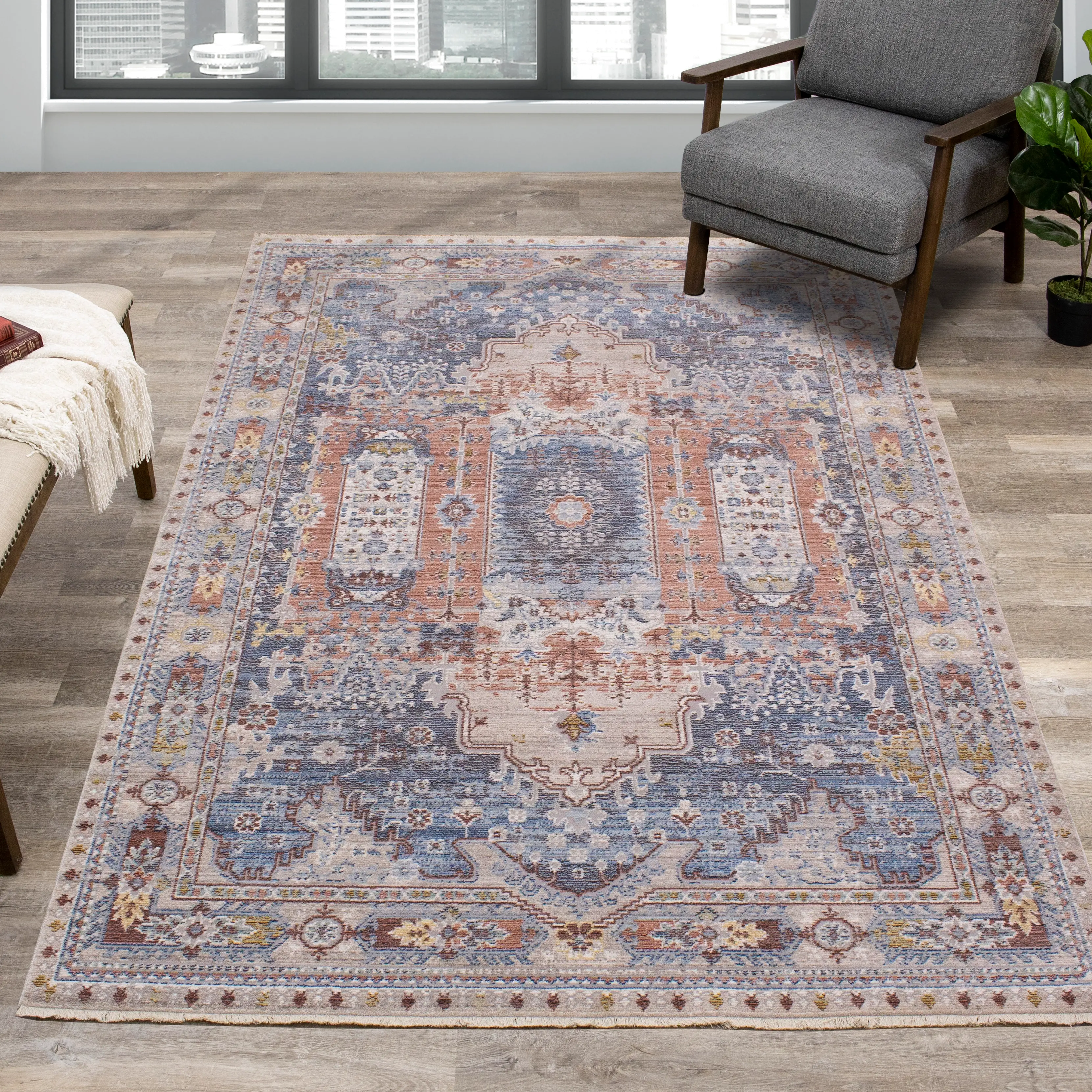 Monaco 5 x 8 Border Gray Blue Area Rug