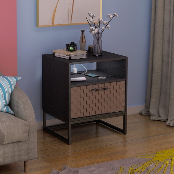 1-Door Nightstand with USB Charging Ports， Storage Bedside Table - - 36966220