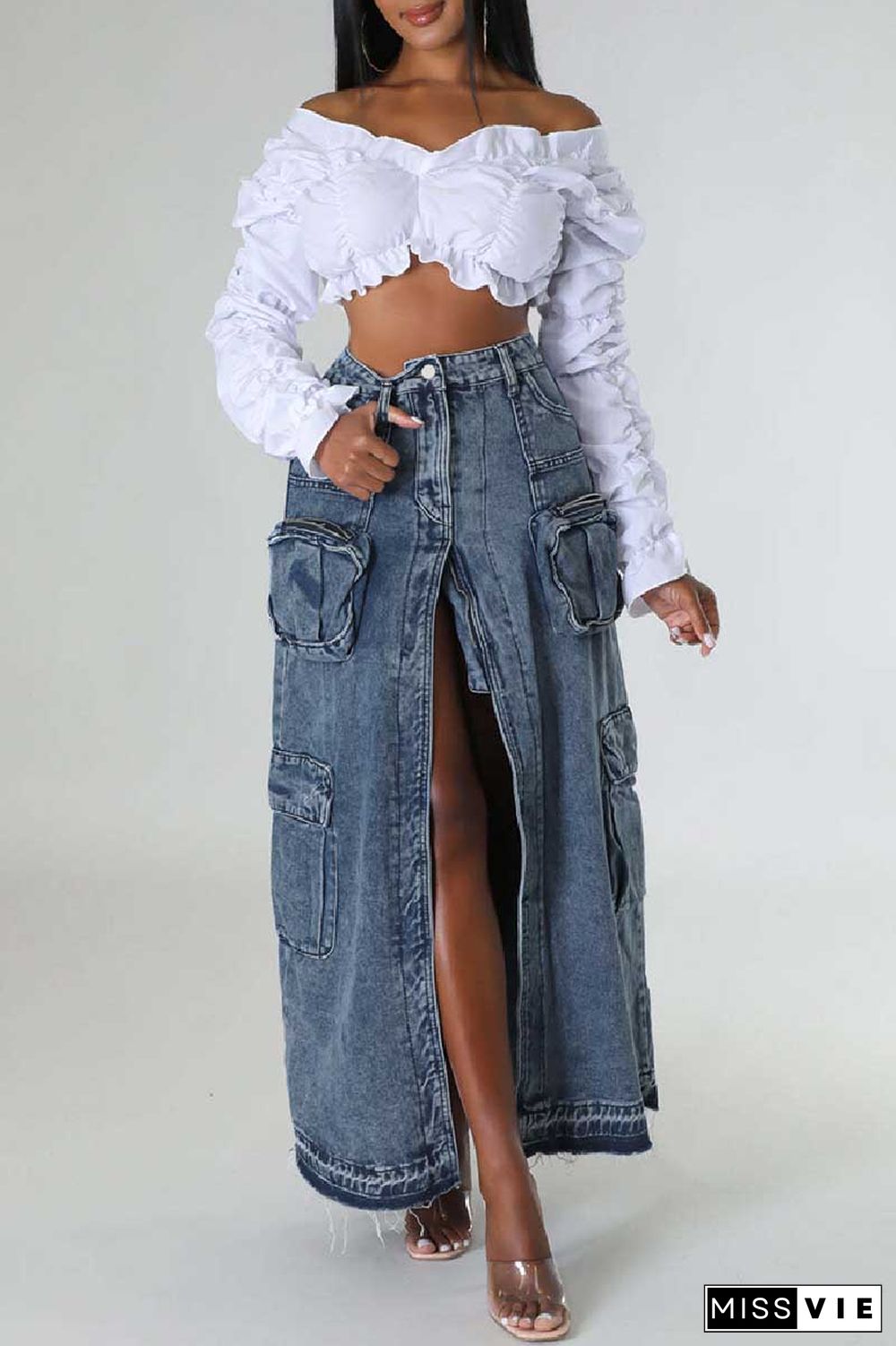 Deep Blue Casual Solid Patchwork Slit High Waist Regular Denim Skirts