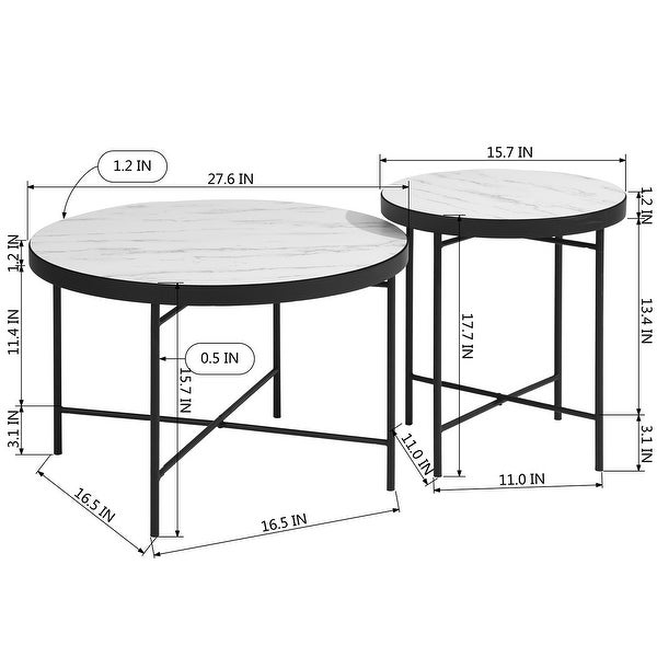 Set of 2 Round Side Coffee Table with Half Natural and Half Black Tray Top Finish， Sofa End Table Waterproof for Living Room