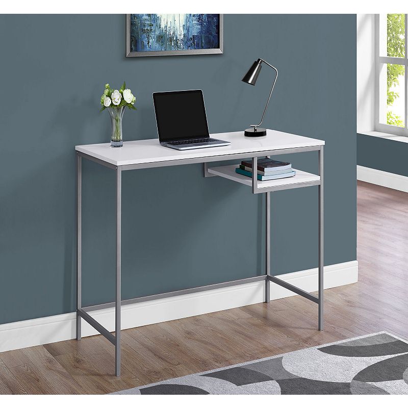 48 White and Silver Contemporary Rectangular Computer Desk with Shelf