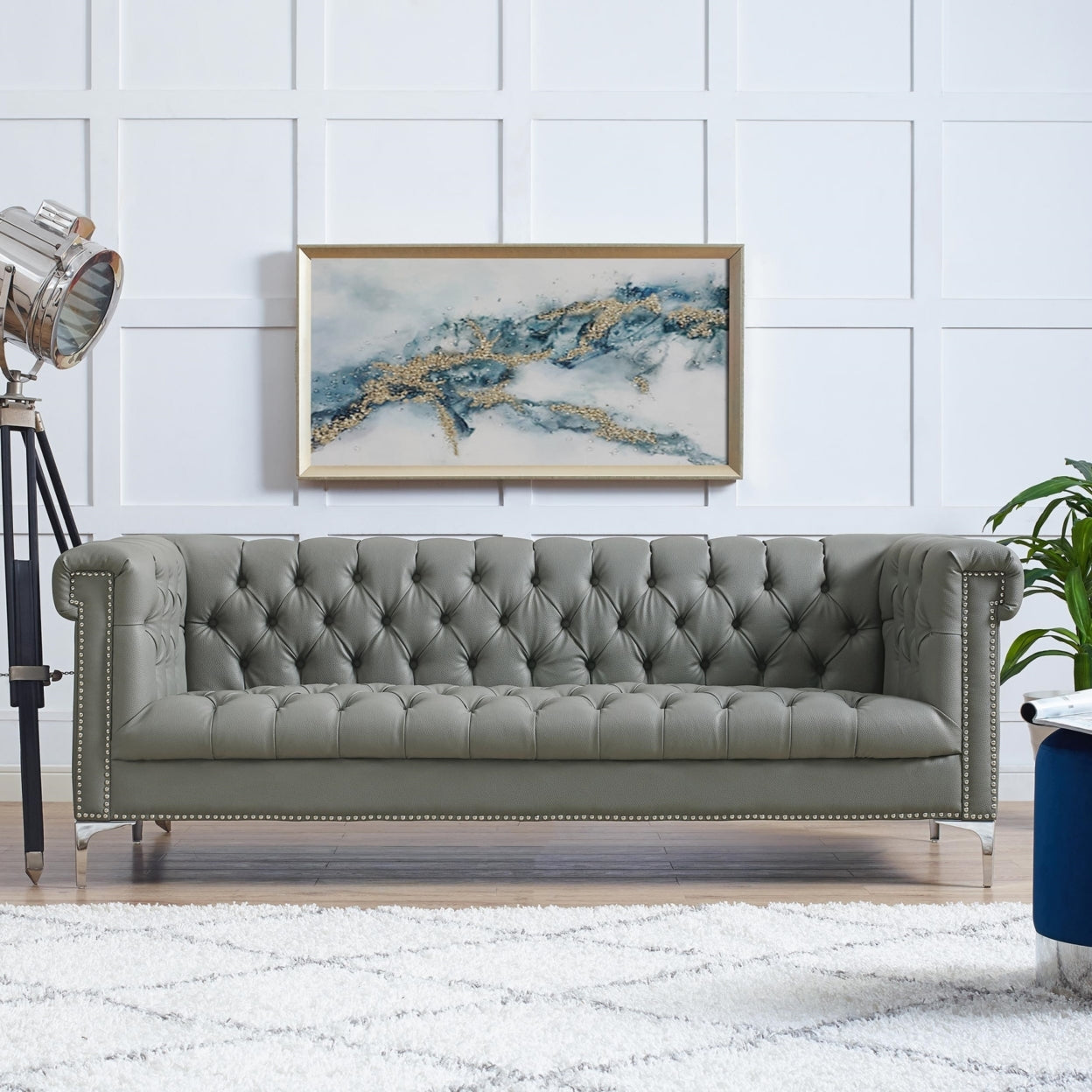 Steffi Leather Chesterfield Sofa-Silver Metal Legs-Button Tufted-Nailhead Trim-Modern-Livingroom-Inspired Home