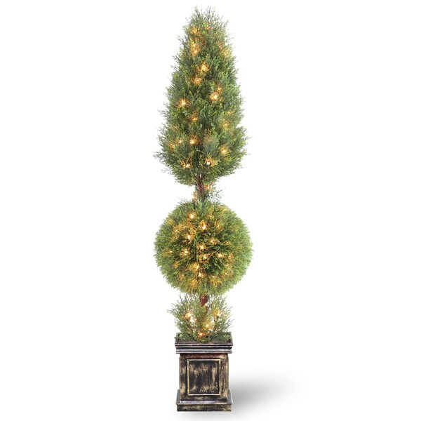 72inch Juniper Cone and Ball Topiary Tree with Black Square Pot and 200 Clear Lights