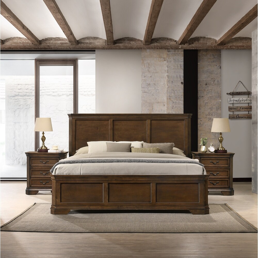 Roundhill Furniture Maderne 3 Piece Wood Bedroom Set  Panel Bed and Two Nightstands  Antique Walnut Finish