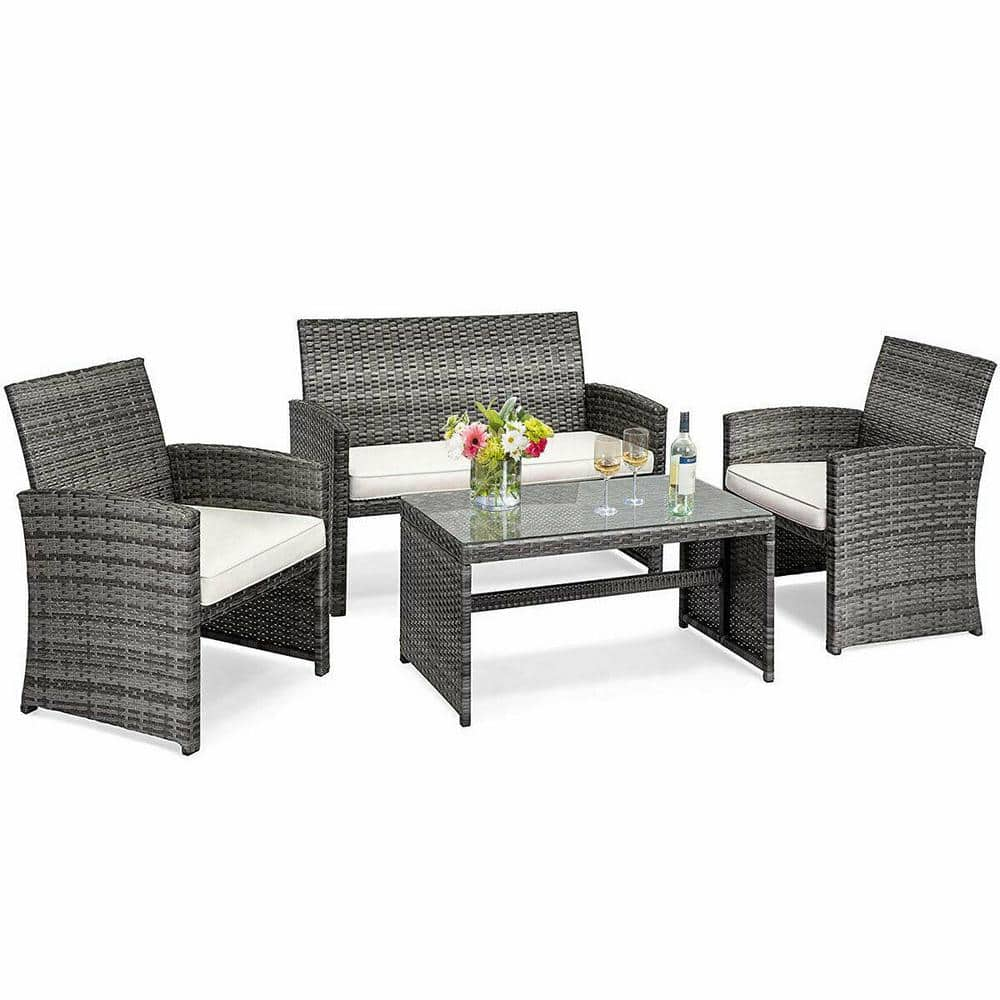 Costway Mix Gray 4-Piece Rattan Wicker Patio Conversation Set with Beige White Cushions Garden Lawn Furniture HW50276