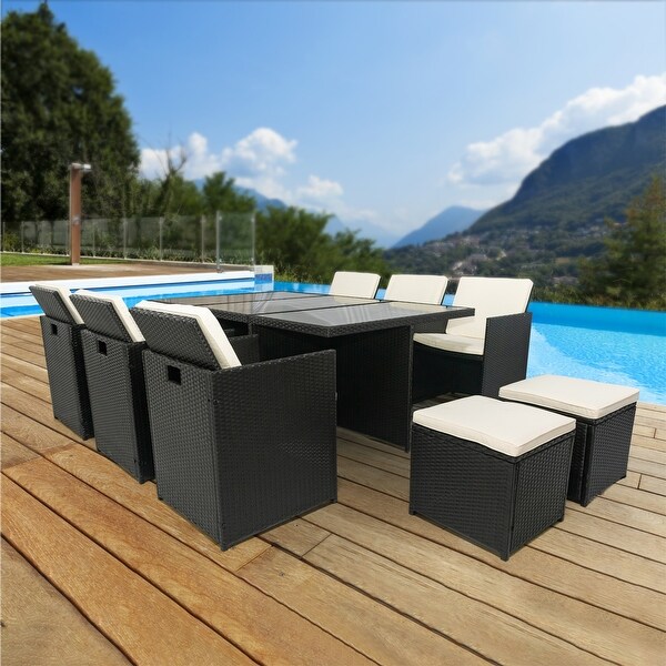 11 Pieces Patio Rattan Dining Sets with Glass Table -  - 37385316