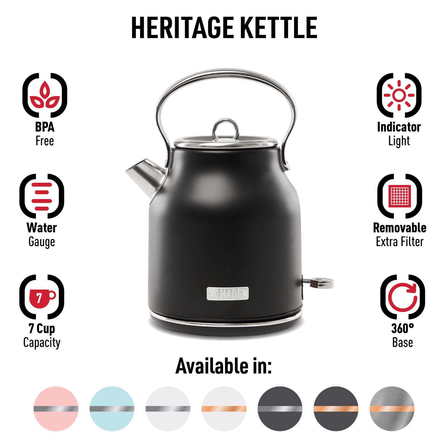 Haden Heritage Black Retro Stainless Steel 1.7 L Electric Tea Kettle