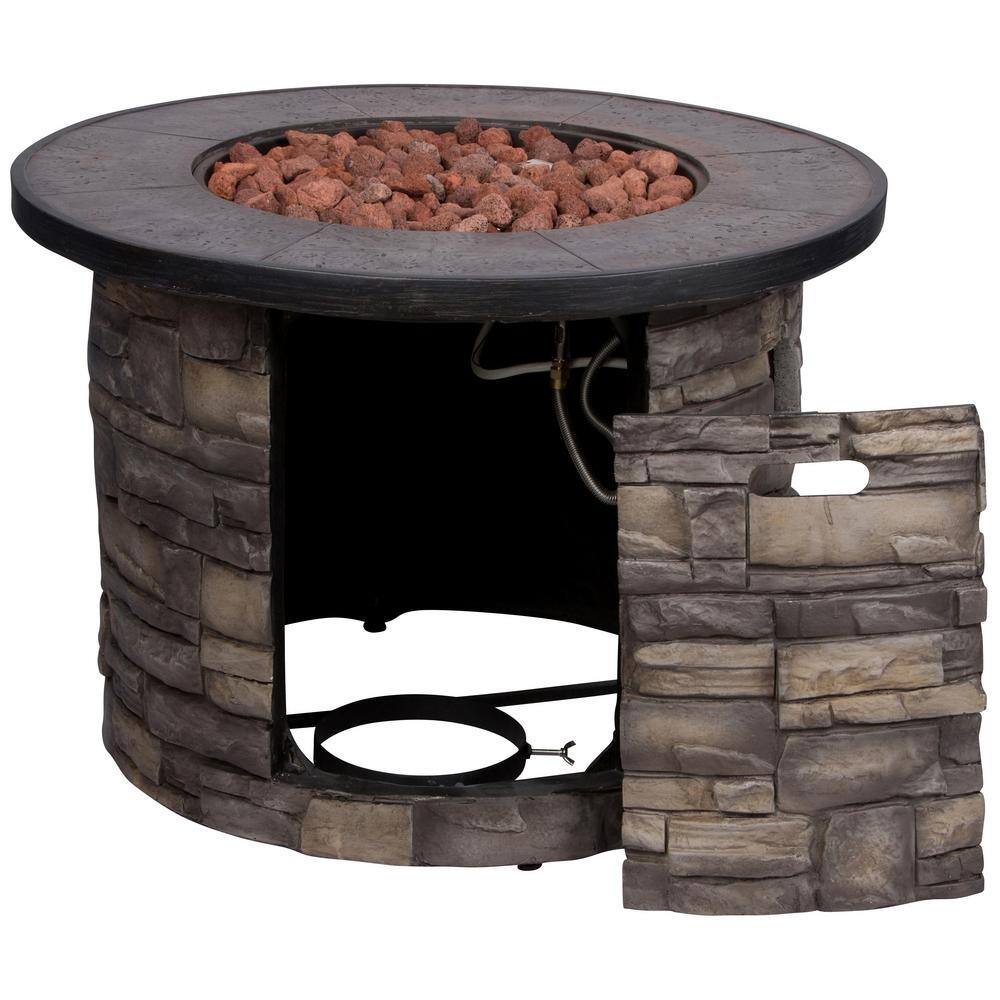 Shine Company Sevilla Round Outdoor Propane Gas Stone Fire Pit Table with Lava Rock 35 in. Dia 6101SC