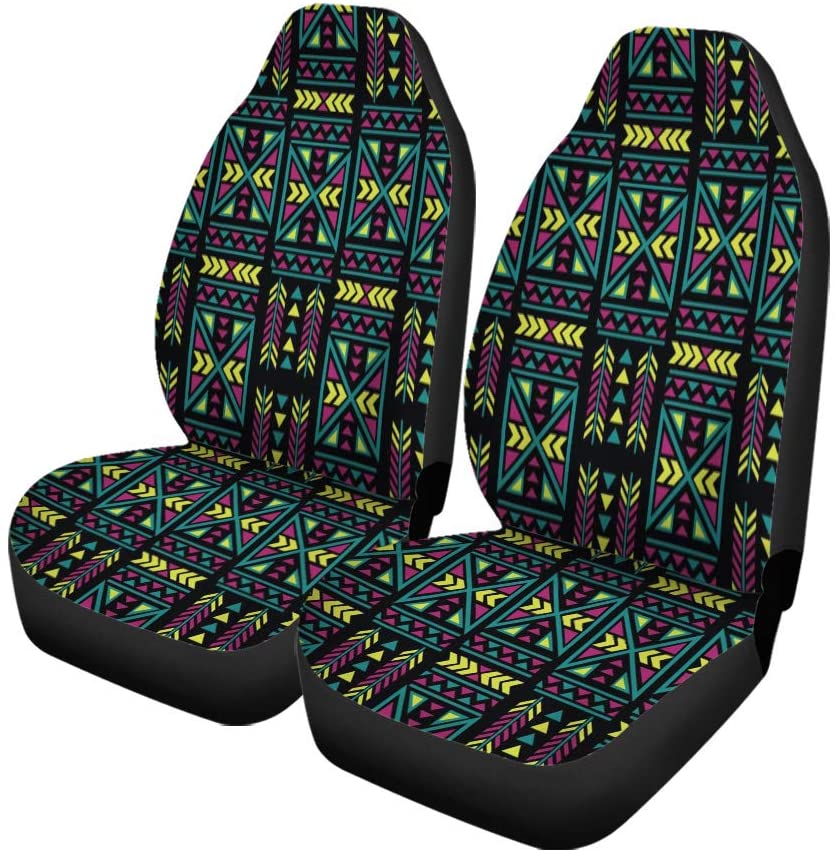 KXMDXA Set of 2 Car Seat Covers Geometric Pattern Bright Neon Green Purple Teal and Black Universal Auto Front Seats Protector Fits for Car，SUV Sedan，Truck