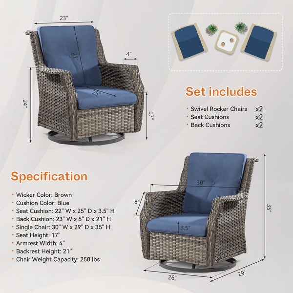 Cozywor 3Piece Wicker Patio Swivel Rocking Chair Outdoor Bistro Set